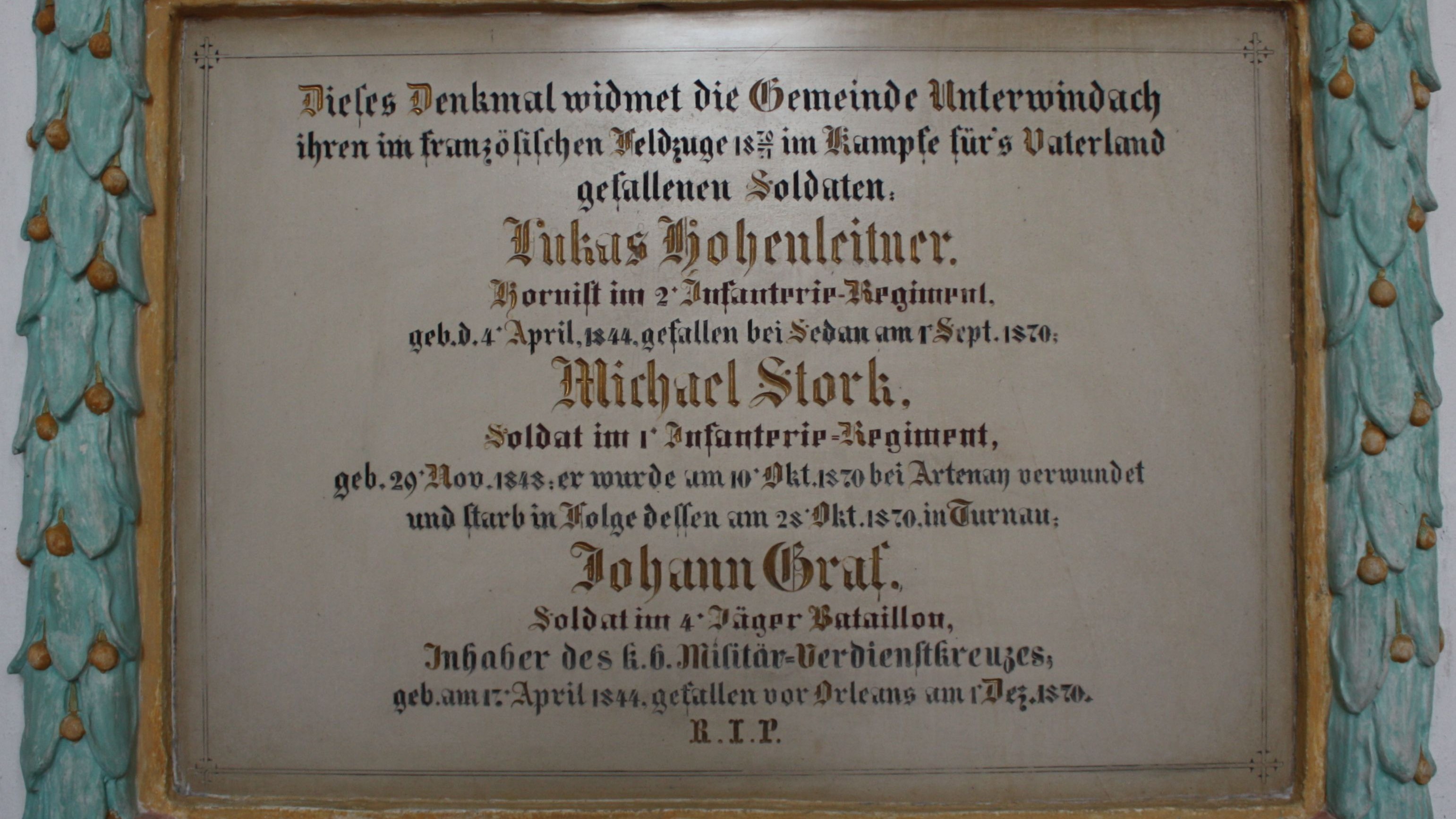 Gedenktafel für die drei Gefallenen in der Windacher Filialkirche „Peter und Paul“ 2013, Foto Katharina Heininger