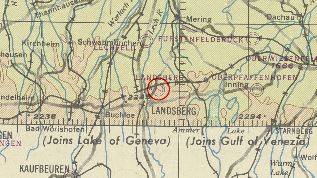 Der Fliegerhorst Landsberg im Zweiten Weltkrieg auf einer US-Karte aus dem Jahr 1944, Quelle: McMaster University Library Digital Archive, License: Creative Commons Attribution-NonCommercial 2.5 CC BY-NC 2.5 CA