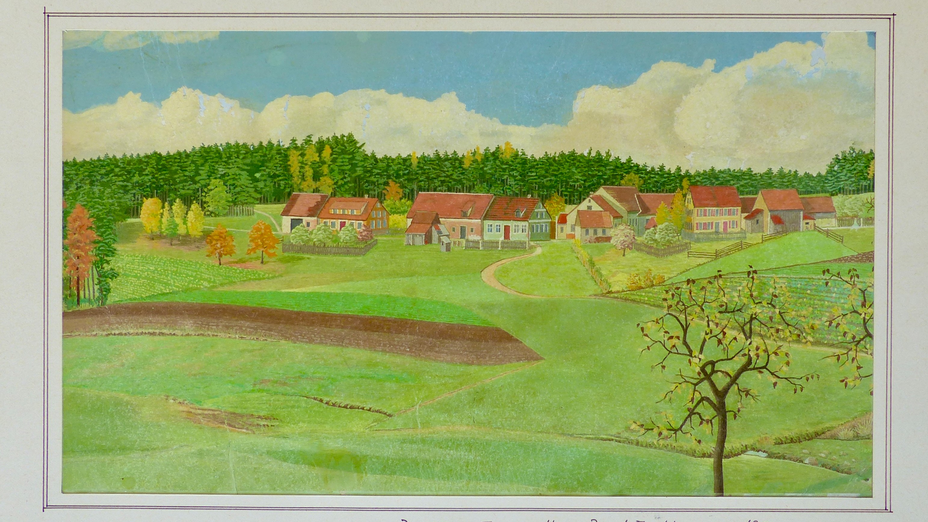 Panoramabild vom Zinselhof. Gemalt ca. 1950 von Josef Jacklin, dem Vater der Lehrerin Jacklin, die nach dem 2. Weltkrieg in Großohrenbronn unterrichtete. Foto Helmut Soldner